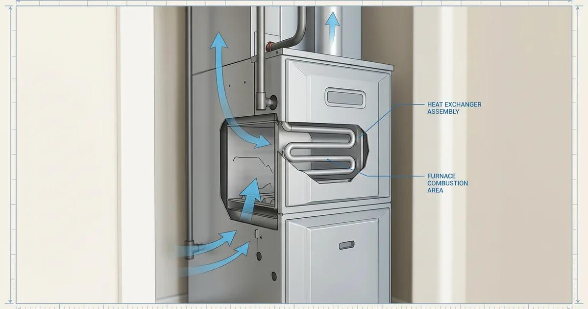 Close-up of a gas furnace heat exchanger showing the metal clamshell tubes inside a residential furnace cabinet