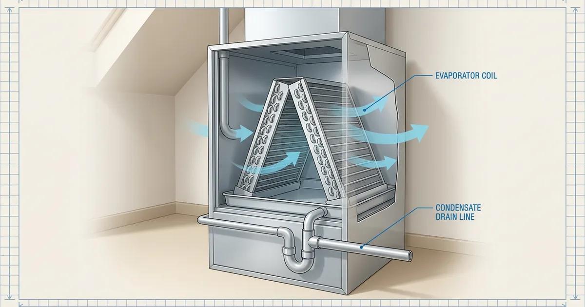 White PVC condensate drain line and T-vent access port beside a residential air handler unit