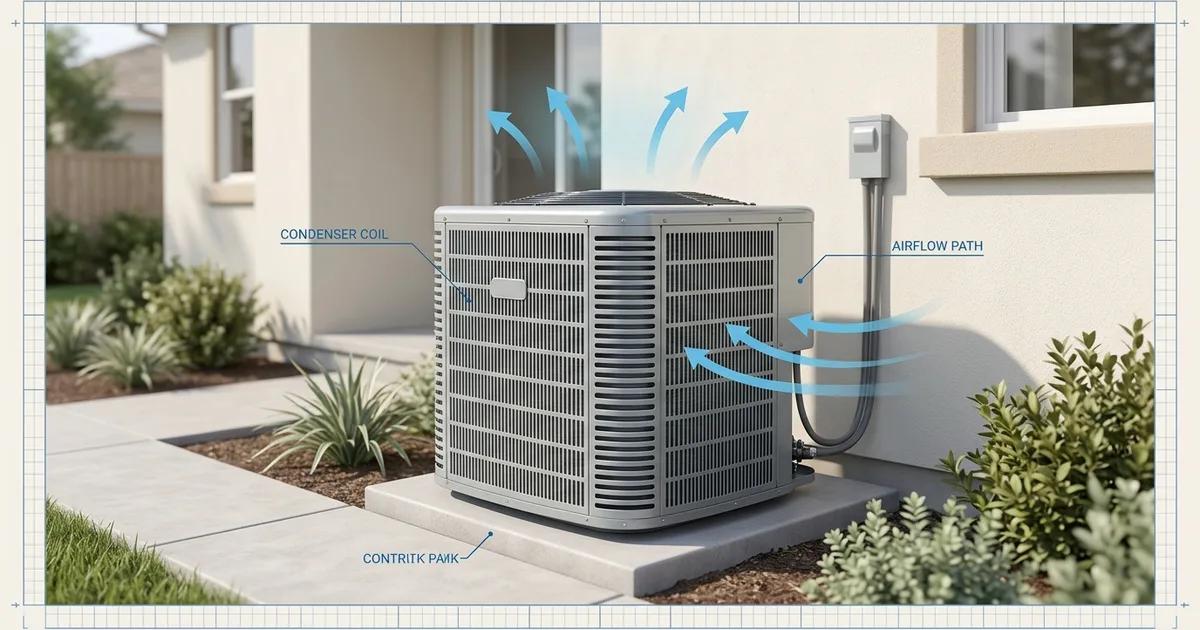 Close-up of a residential HVAC condensing unit being inspected by a technician in a Sacramento backyard