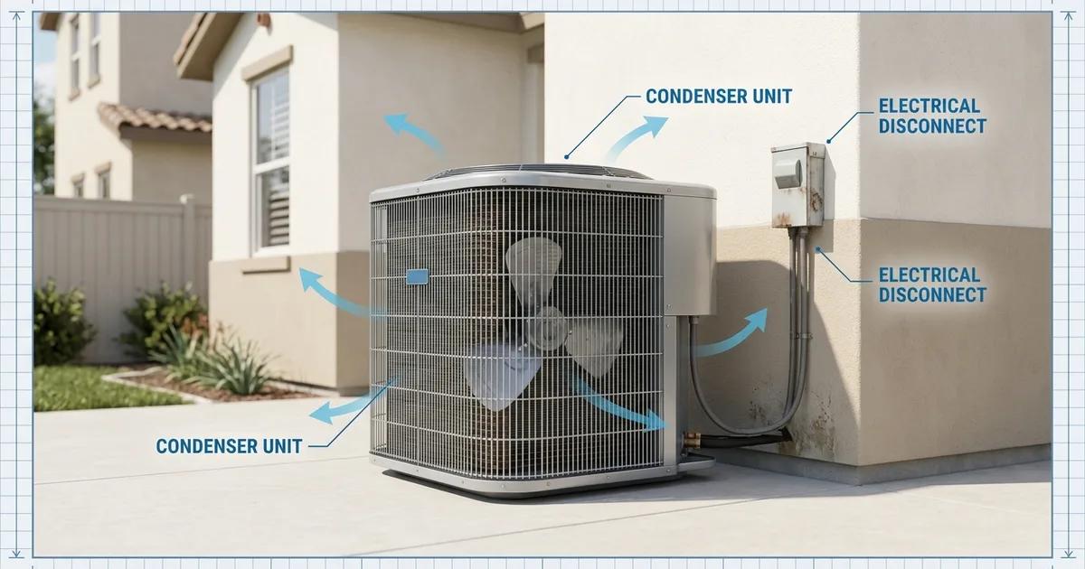 Close-up of an HVAC technician's tools laid out beside a residential air conditioner condenser unit at night