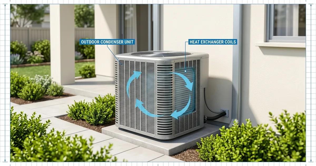 Outdoor HVAC condenser unit beside a Sacramento home, showing an aging air conditioning system on a warm day