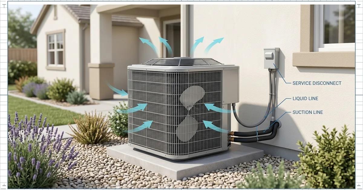 Heat pump outdoor unit installed beside a Sacramento stucco home with a clear blue sky