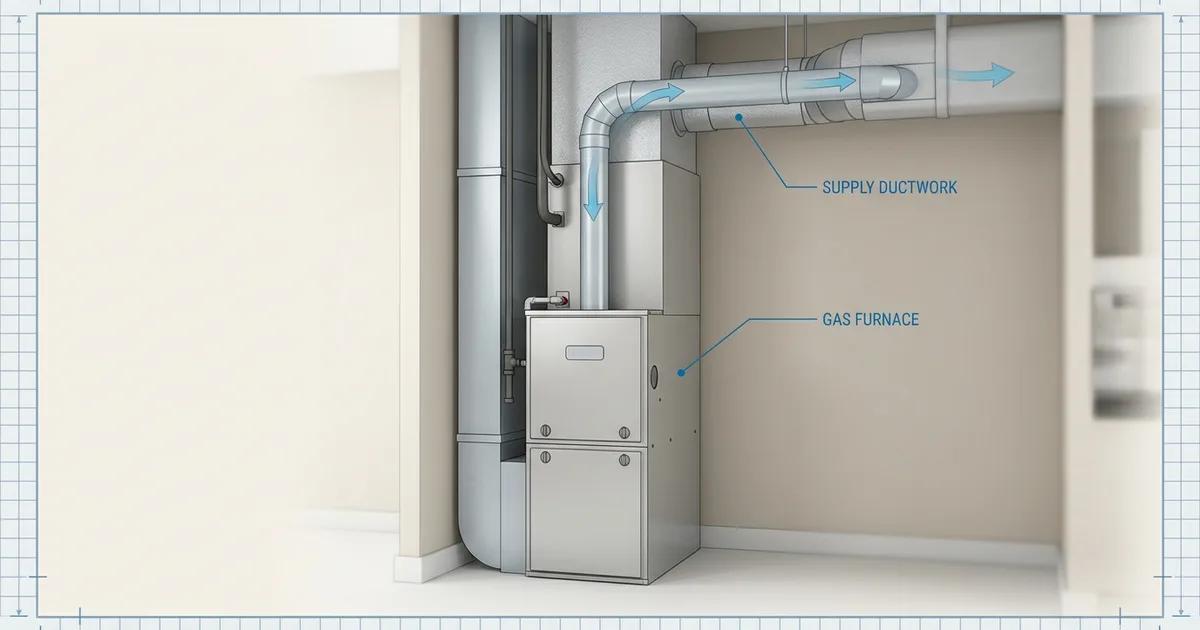Residential gas furnace and heat pump system installed in a Sacramento garage utility room