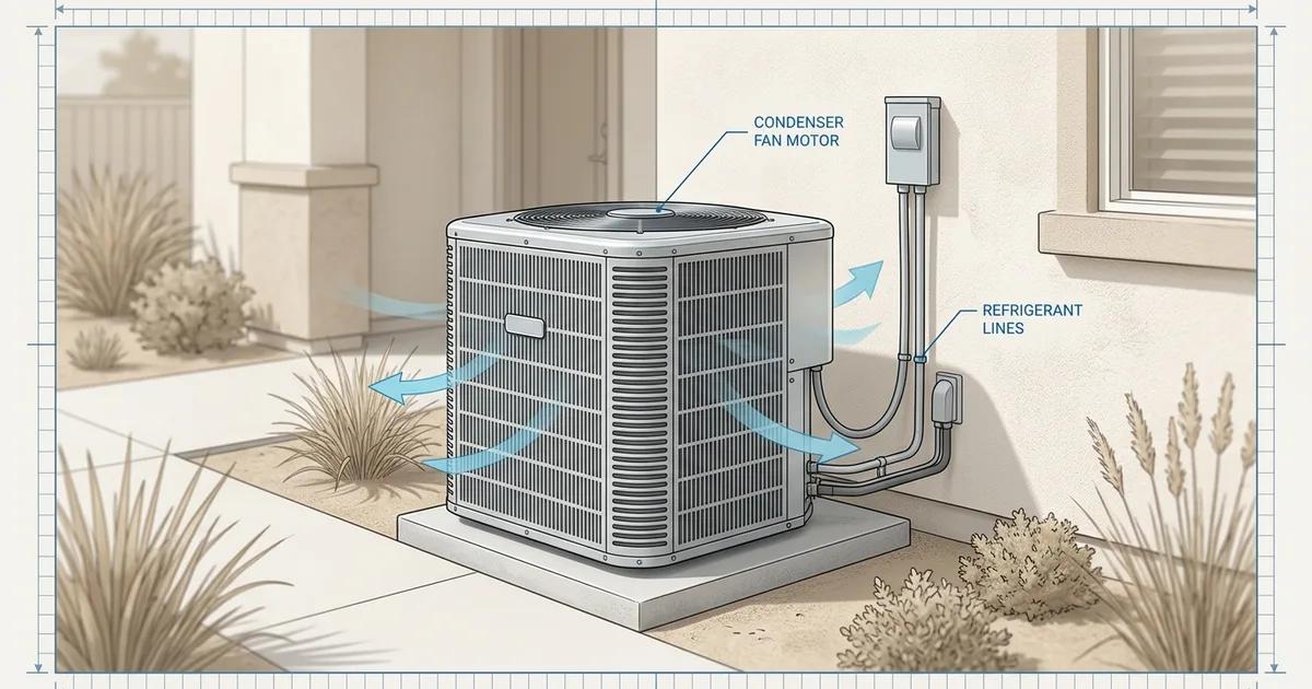 Technician's-eye view of AC repair parts on a Sacramento home AC unit (no people)