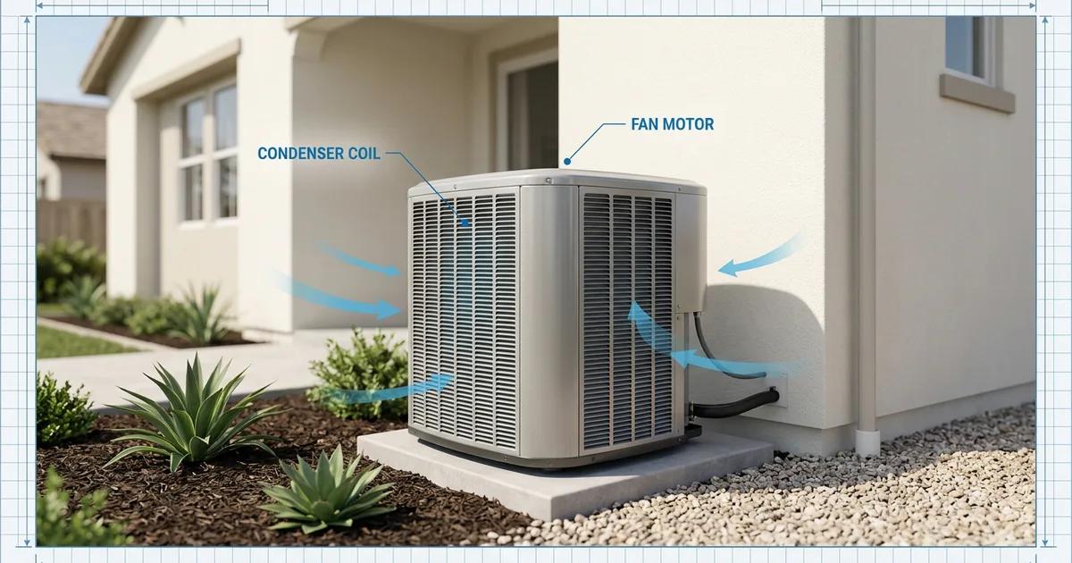 Outdoor AC condenser unit with exposed condenser coil fins and fan housing cutaway view