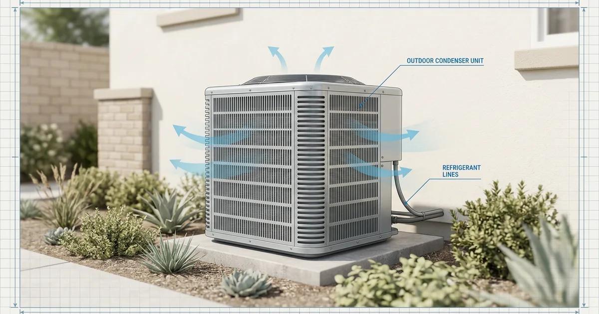 HVAC technician's tool bag and diagnostic meter resting on a residential air conditioner condenser unit