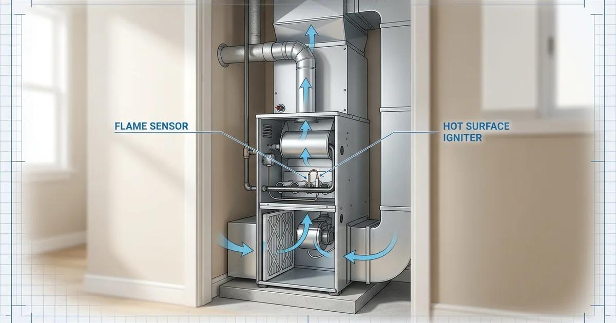 Residential gas furnace in a Sacramento home utility room showing the burner assembly, heat exchanger, and ductwork connections