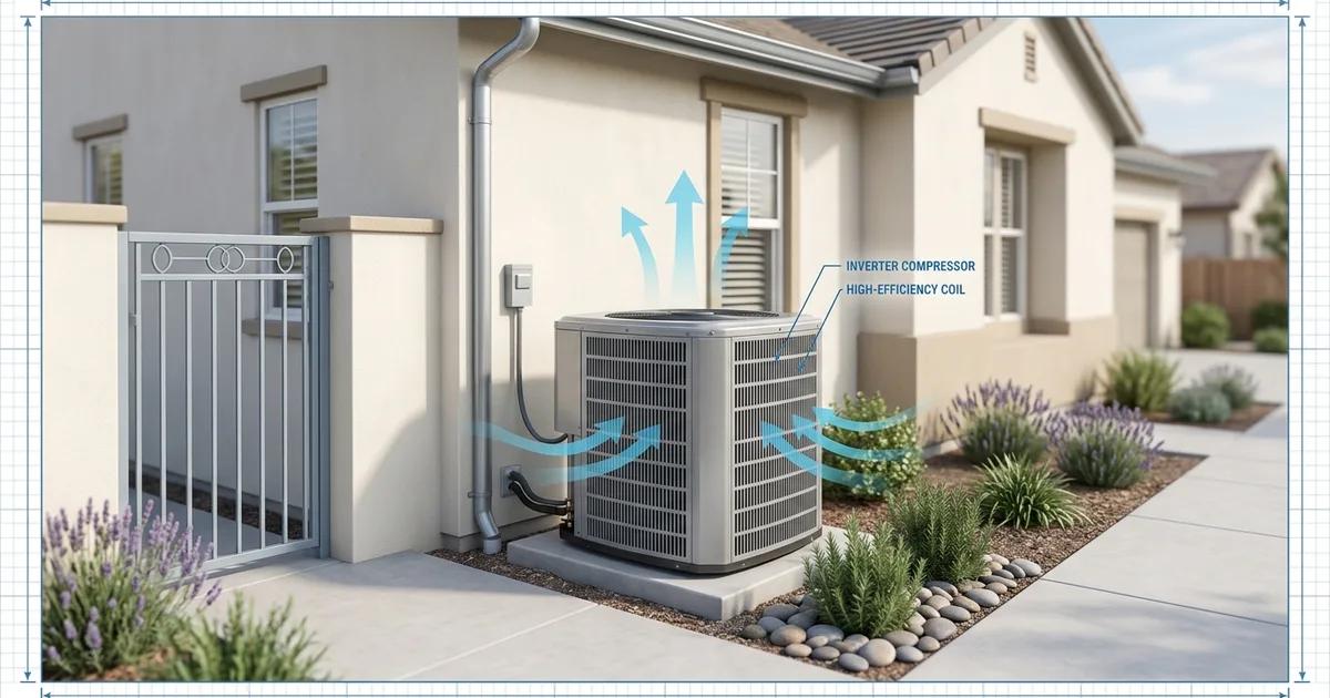 Heat pump outdoor condenser unit installed on concrete pad beside a stucco Sacramento home on a clear day