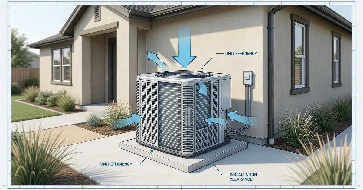 New outdoor AC condenser unit installed beside a stucco California single-family home on a clear summer day