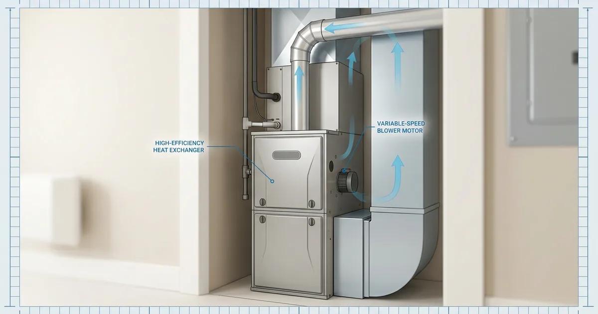 Old gas furnace unit in a residential basement showing aging metal housing and visible wear