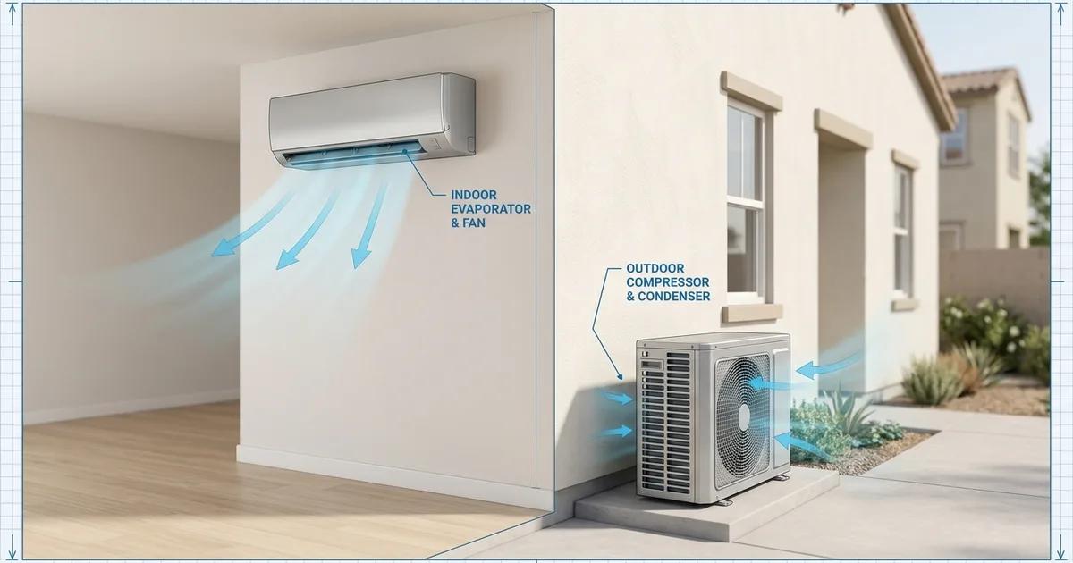 Wall-mounted ductless mini-split indoor head unit installed on a white wall above a window in a modern living room
