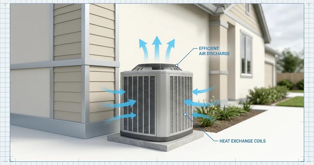 Outdoor air conditioning condenser unit with an EnergyGuide efficiency rating label on white background