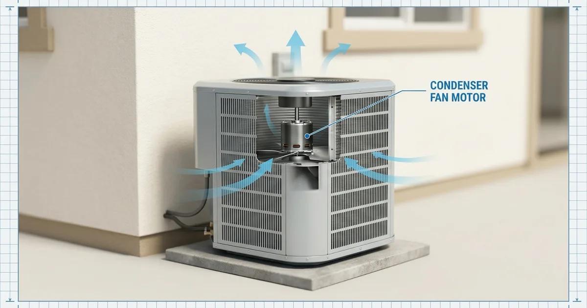 Close-up of an AC condenser fan motor and blade assembly inside an outdoor unit