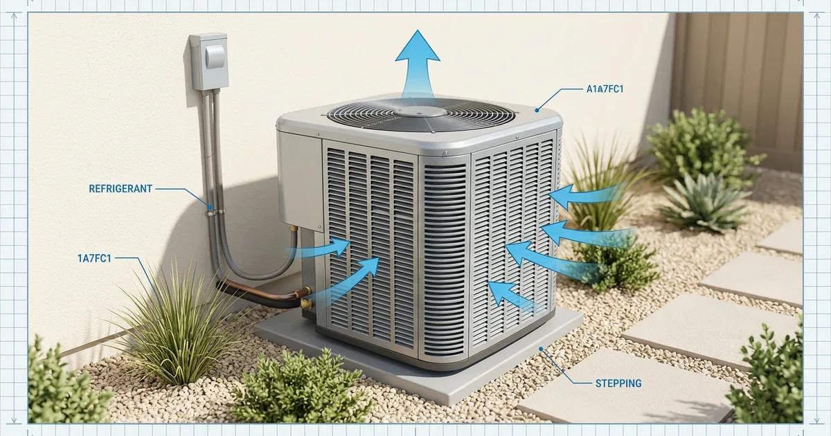 Outdoor residential AC condenser unit sitting beside a house on a hot summer day