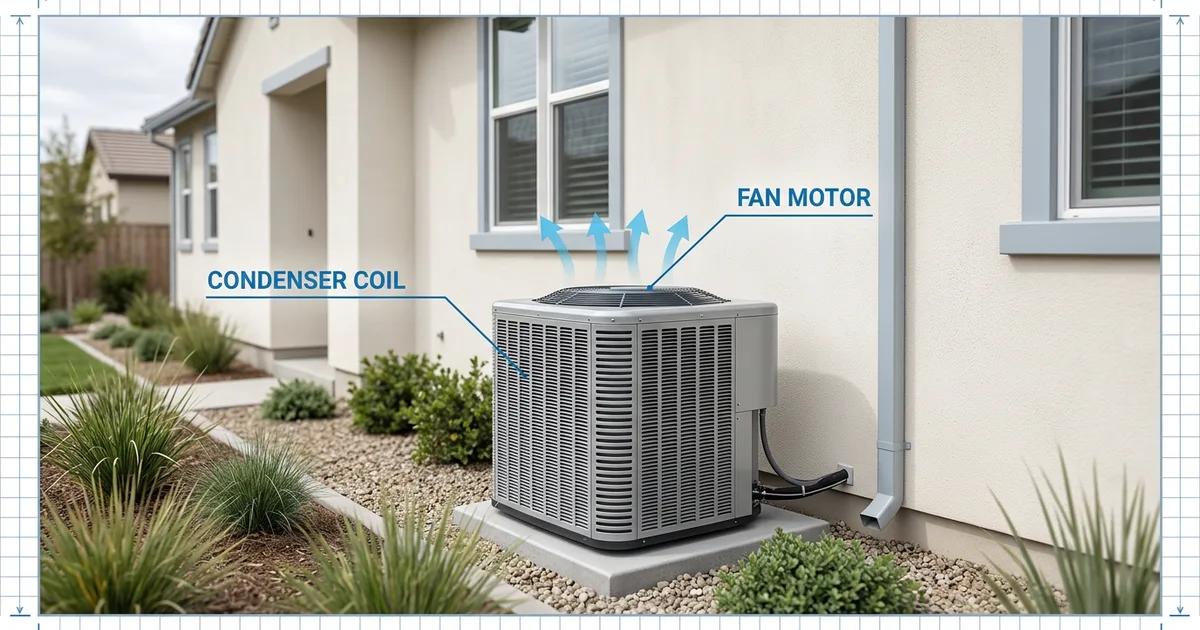 Residential outdoor air conditioning condenser unit installed beside a Sacramento-area home in summer heat