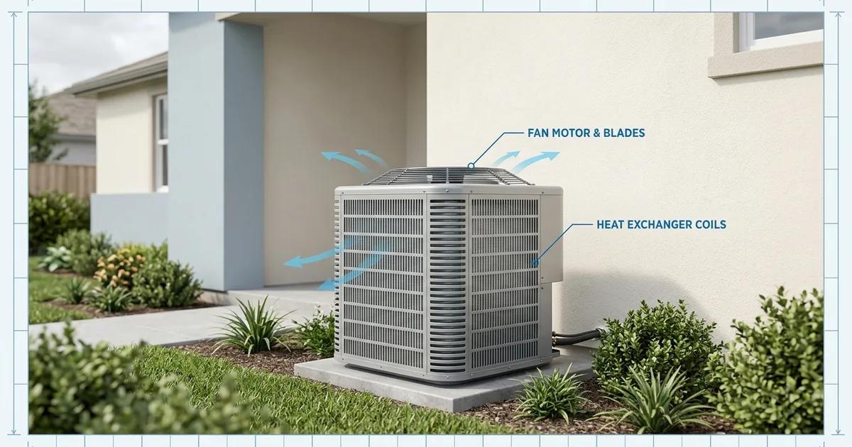 Outdoor central air conditioning condenser unit installed beside a Sacramento-area home with clear blue sky