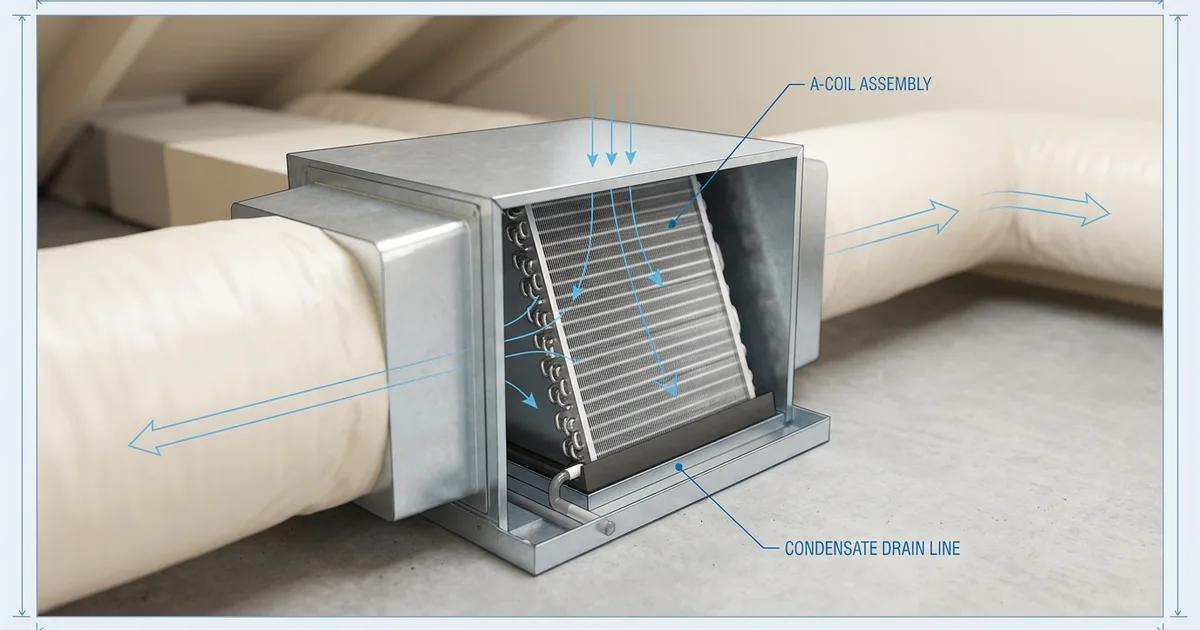 Close-up of an AC evaporator coil inside a Sacramento home showing condensation buildup on aluminum fins