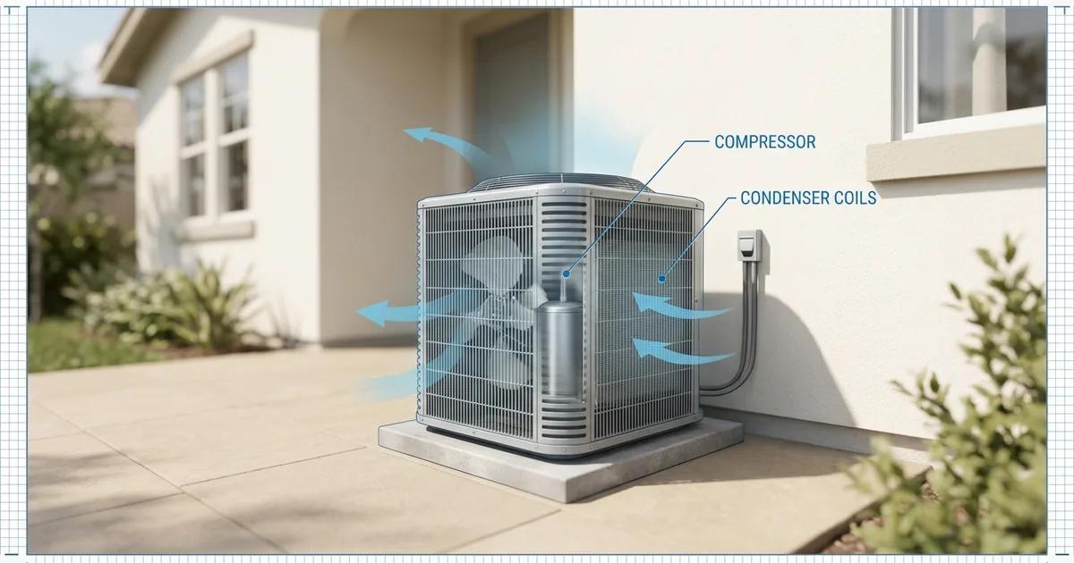 Outdoor central air conditioning condenser unit next to a home with visible wear on the housing