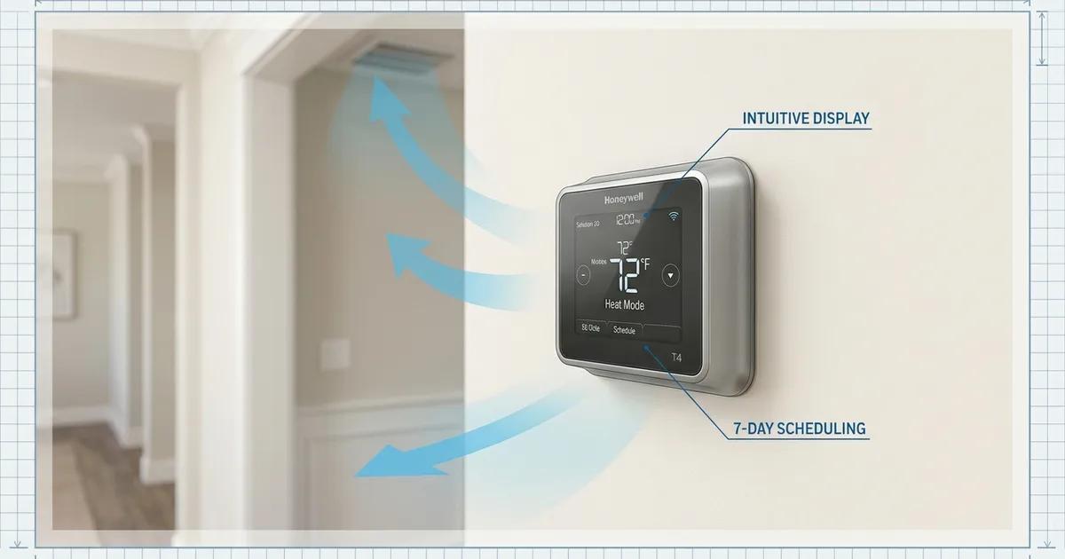Wall-mounted programmable thermostat with digital display showing temperature setting in a home hallway