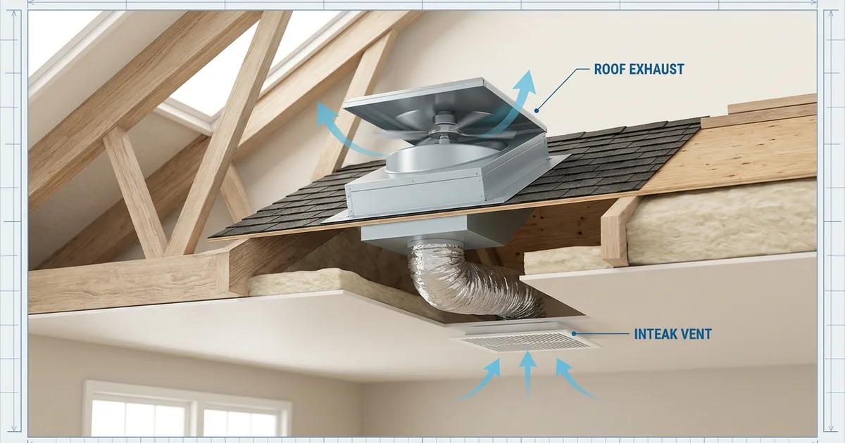 Attic ventilation fan mounted on a residential roof gable end with soffit vents visible below