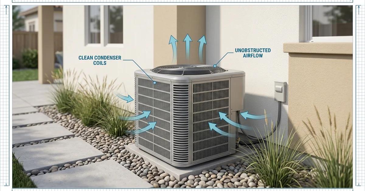 Clean residential outdoor AC condenser unit on a concrete pad beside a Sacramento home with blue sky