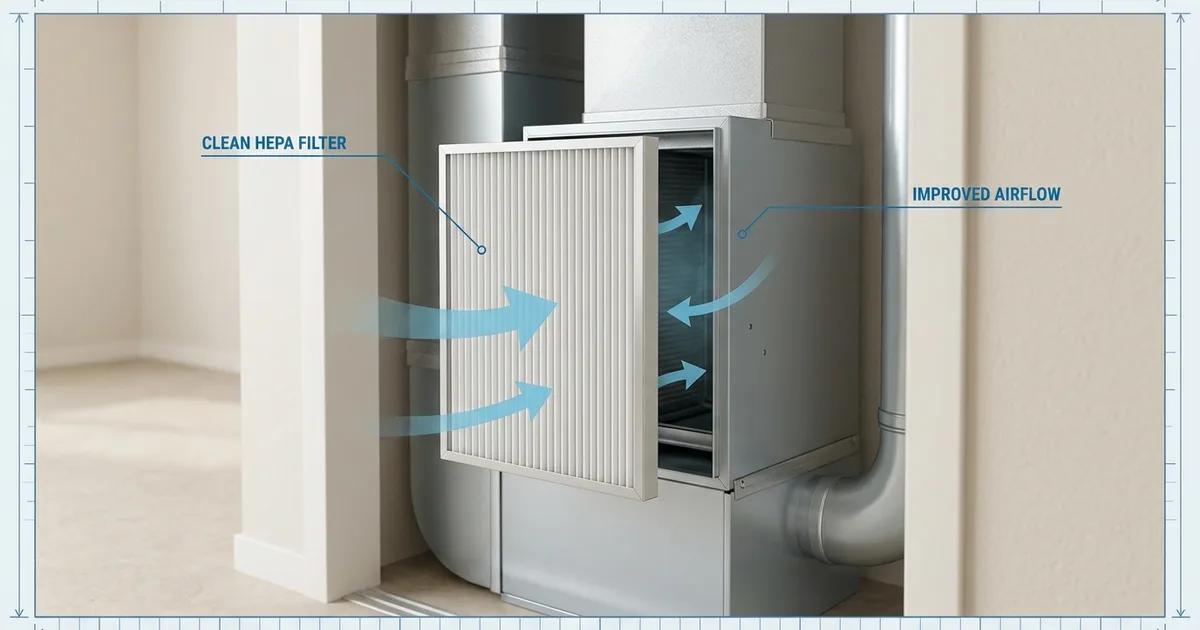 A clean MERV 13 HVAC air filter held up against bright light showing its dense fiber media