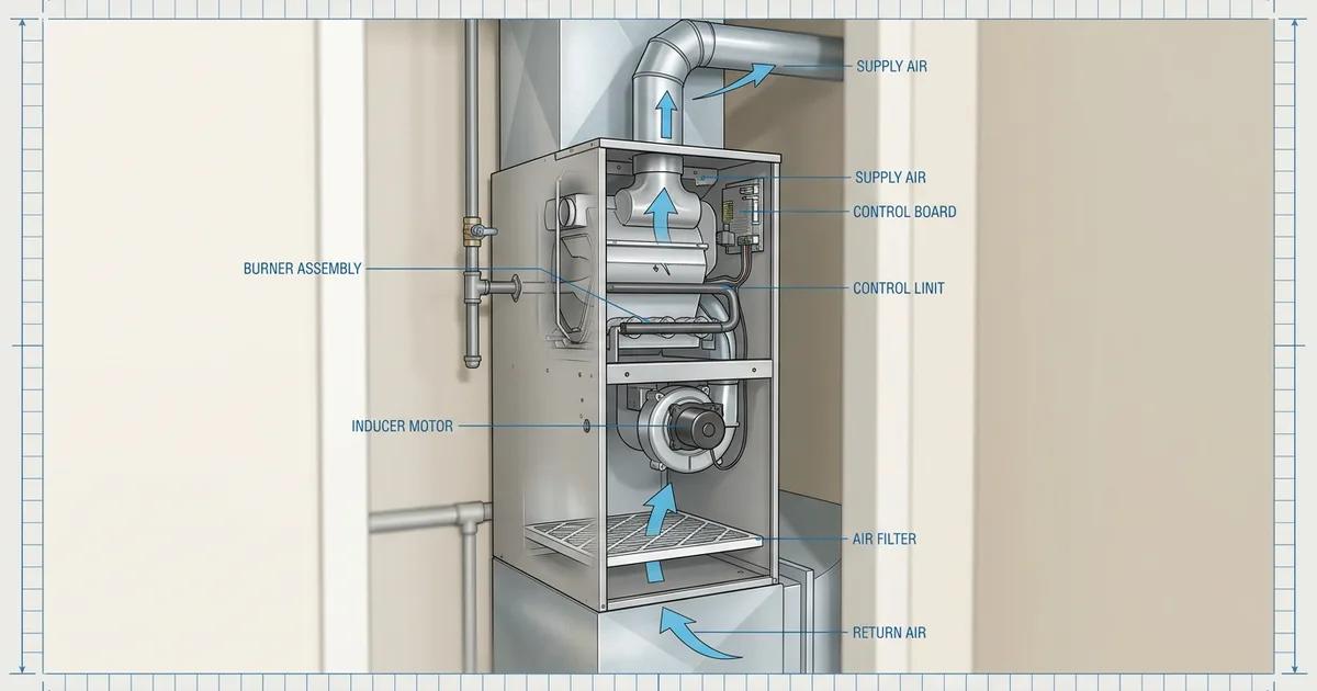 Residential gas furnace in a Sacramento home utility room with ductwork and PVC condensate lines